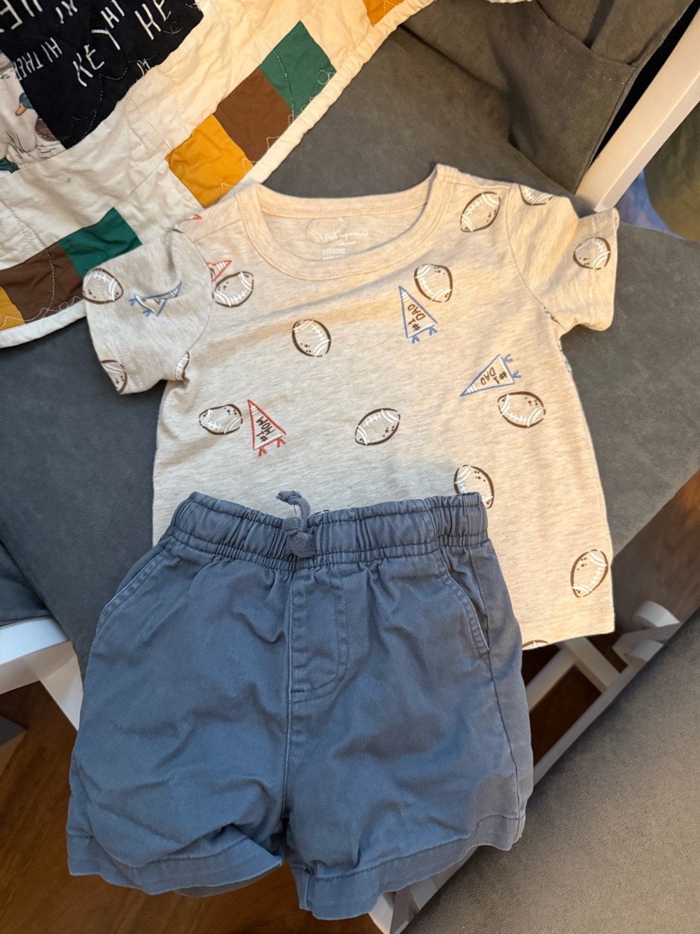 Toddler Blue Knit Shorts with Heather Grey Football Tee